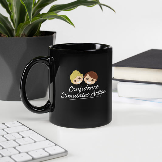 black mug with a saying Confidence Stimulates Action