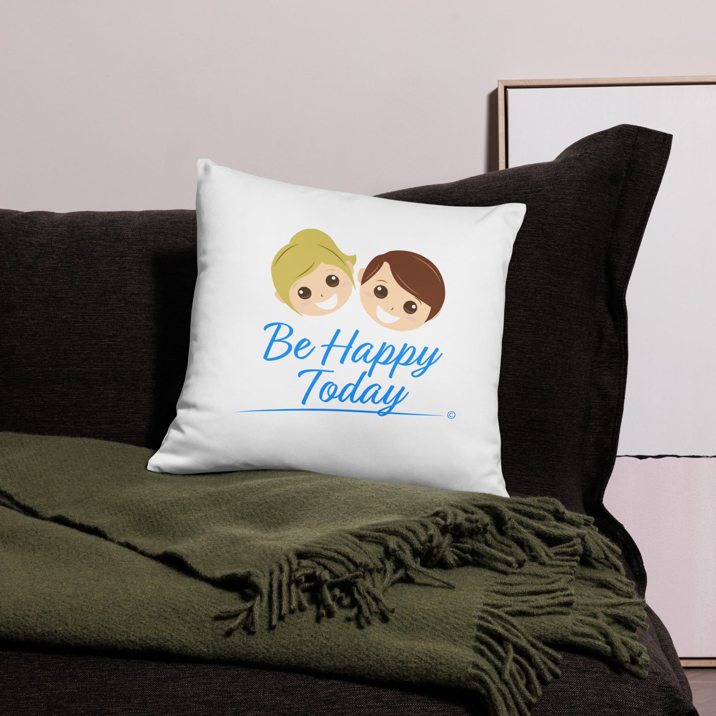 Cheerful 18x18 throw pillow radiating positivity with the message 'Be Happy Today,' resting on a black bed and a vibrant green scarf.
