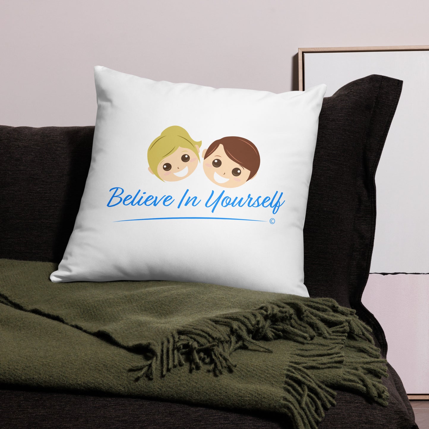 Confidence-boosting 22x22 throw pillow featuring the empowering words 'Believe in Yourself,' making a statement on a black bed and a trendy green scarf.