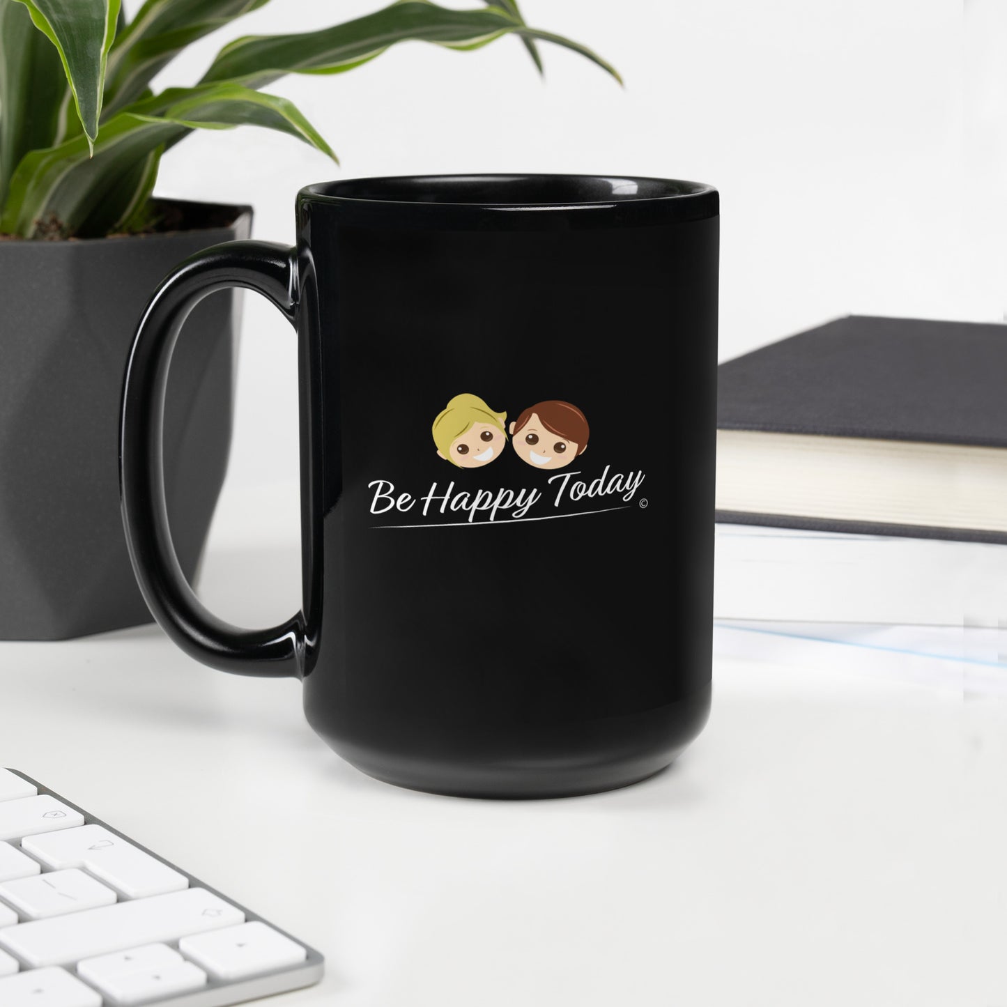 Black coffee ceramic mug with a saying Be Happy today