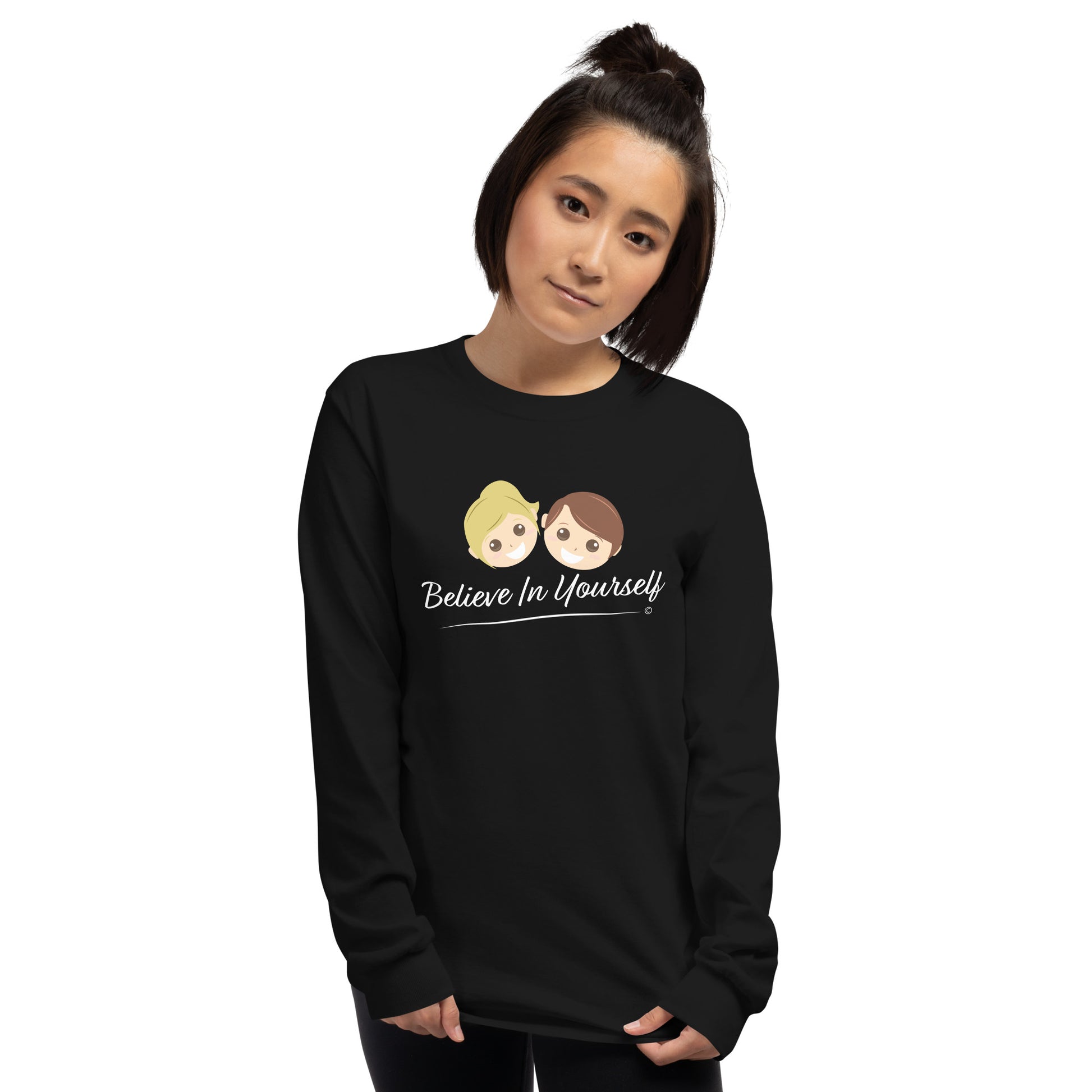 Long-lasting long sleeve shirts-woman model wearing Believe in Yourself long-sleeve shirt