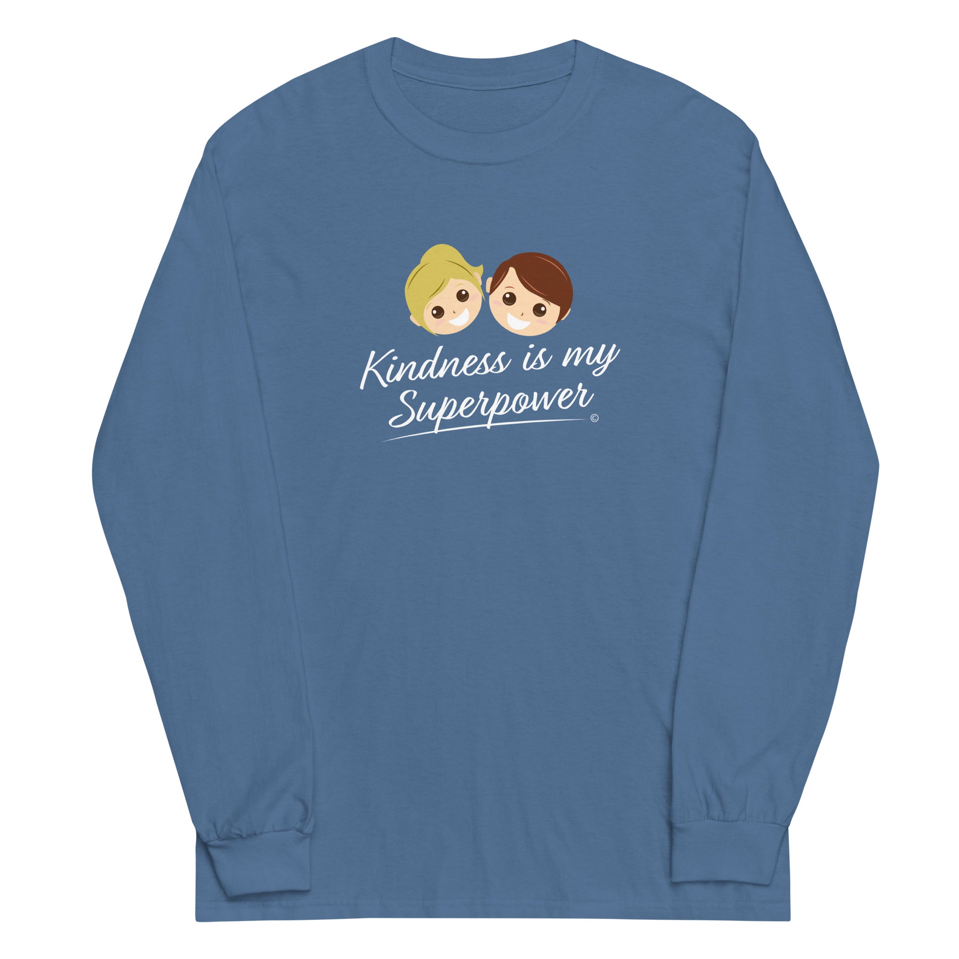 A stylish long sleeve shirt in indigo blue featuring the empowering quote 'Kindness is my Superpower' in bold lettering.