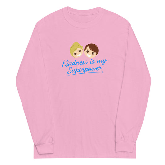 A stylish long sleeve shirt in light pink featuring the empowering quote 'Kindness is my Superpower' in bold lettering.