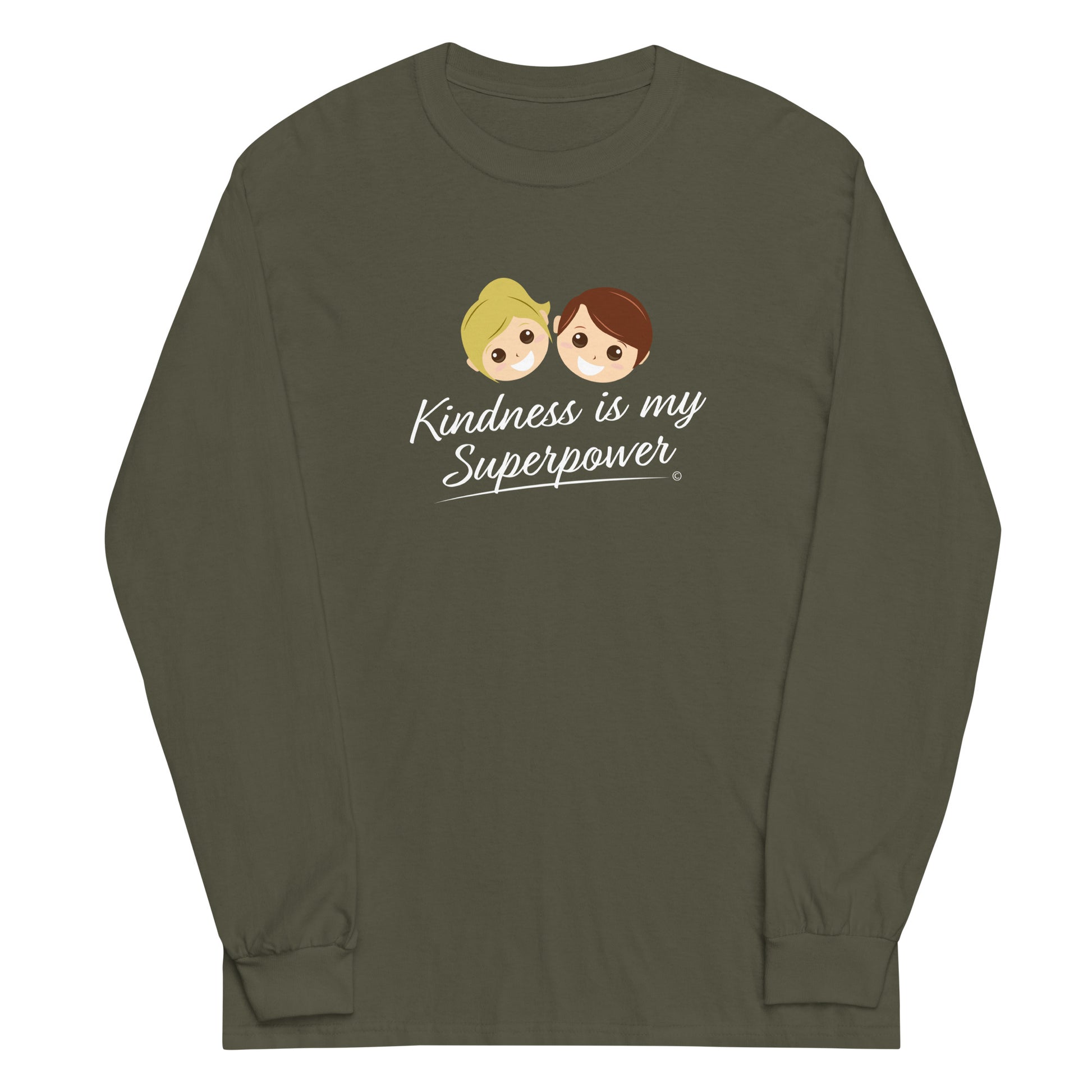 A stylish long sleeve shirt in military green featuring the empowering quote 'Kindness is my Superpower' in bold lettering.