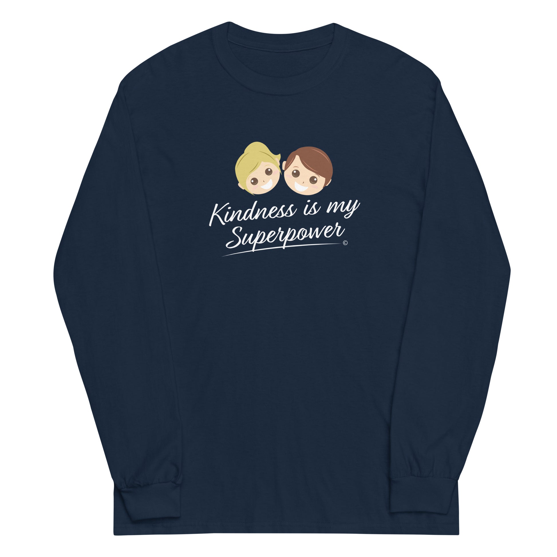 A stylish long sleeve shirt in navy featuring the empowering quote 'Kindness is my Superpower' in bold lettering.