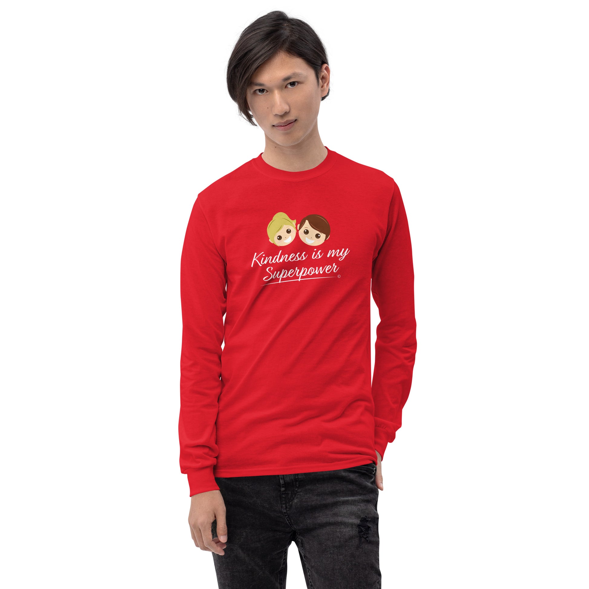 A confident young man wearing a stylish long sleeve shirt in red, featuring the empowering quote 'Kindness is my Superpower' in bold lettering.