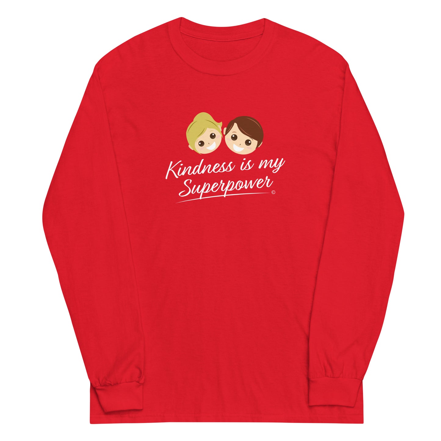 A stylish long sleeve shirt in red featuring the empowering quote 'Kindness is my Superpower' in bold lettering.