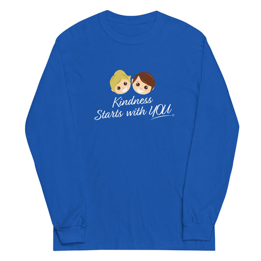 A long sleeve shirt in royal blue, featuring the inspiring quote 'Kindness Starts with You' in bold lettering.