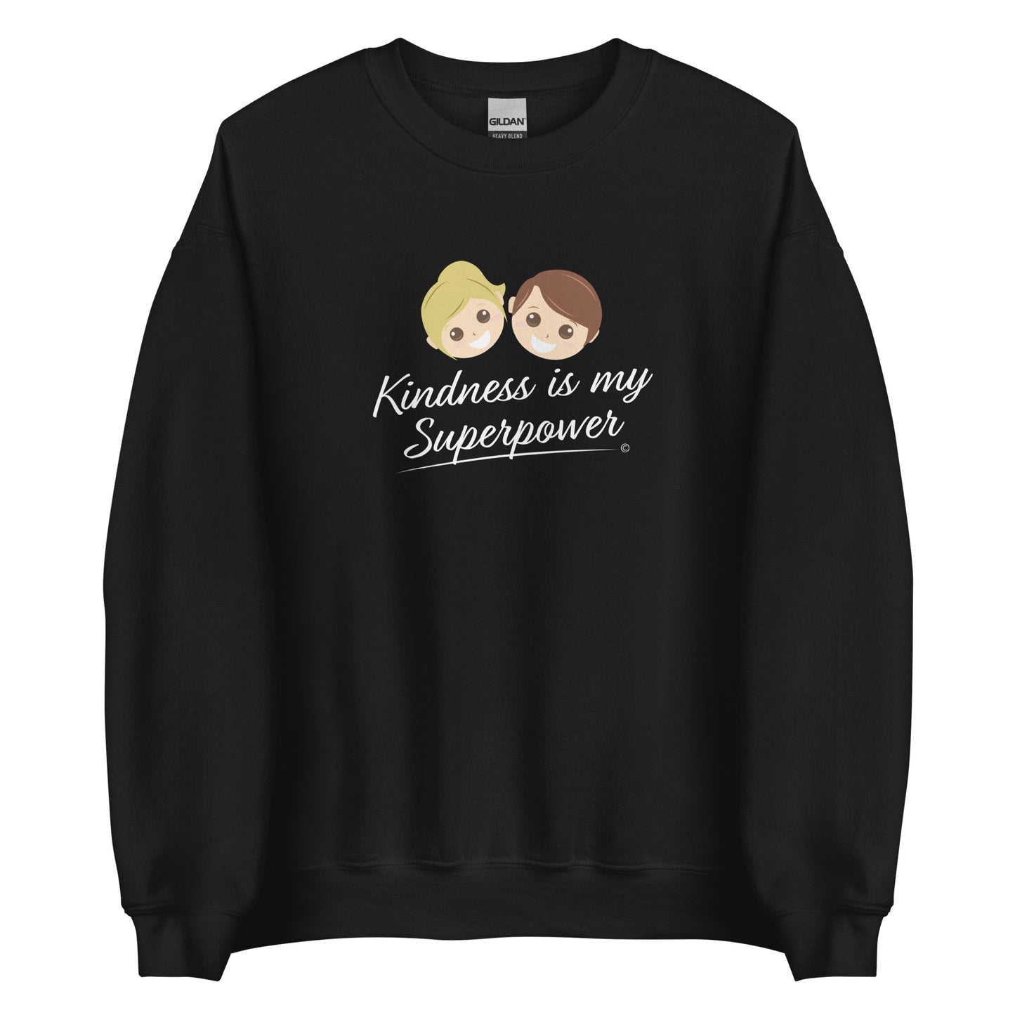 A cozy unisex sweatshirt in black featuring the uplifting quote 'Kindness is my Superpower' in bold lettering.