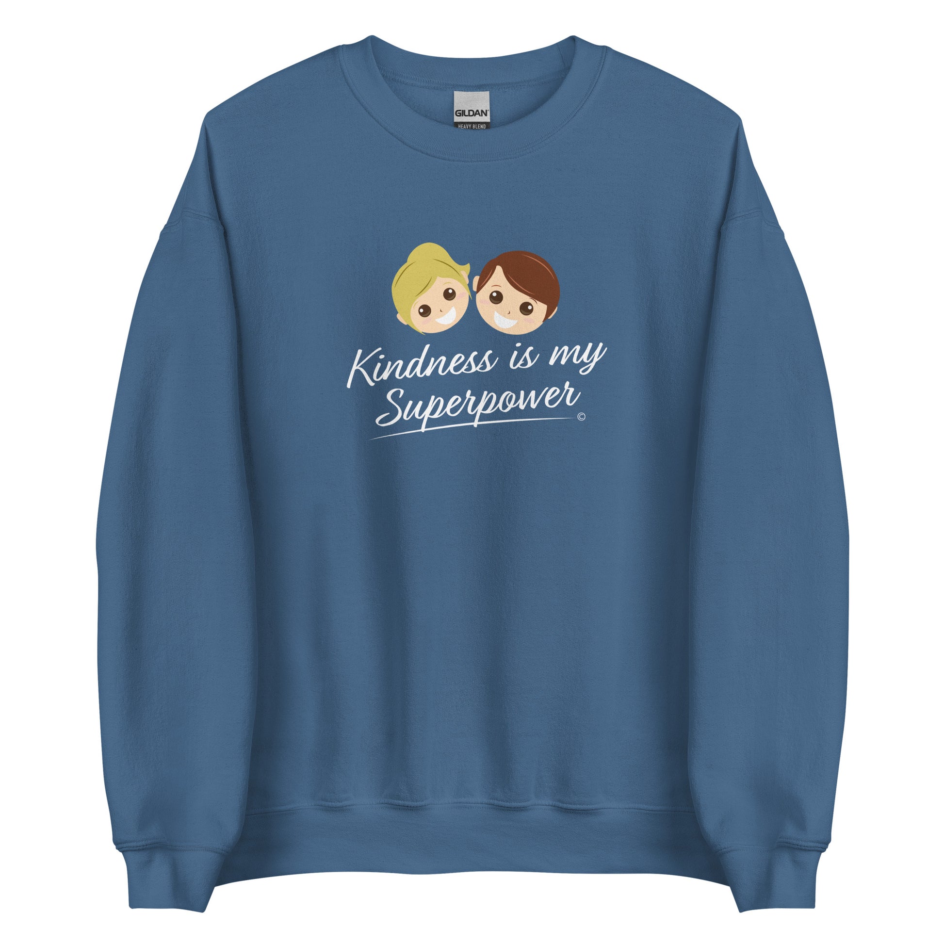 A cozy unisex sweatshirt in indigo blue featuring the uplifting quote 'Kindness is my Superpower' in bold lettering.