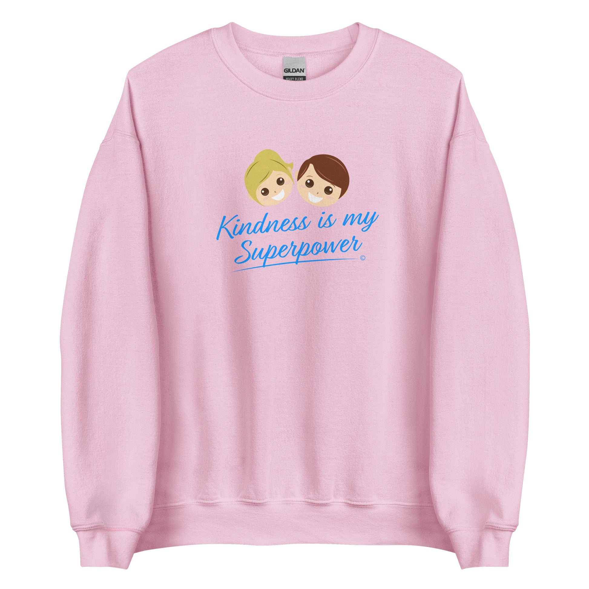 A cozy unisex sweatshirt in light pink featuring the uplifting quote 'Kindness is my Superpower' in bold lettering.