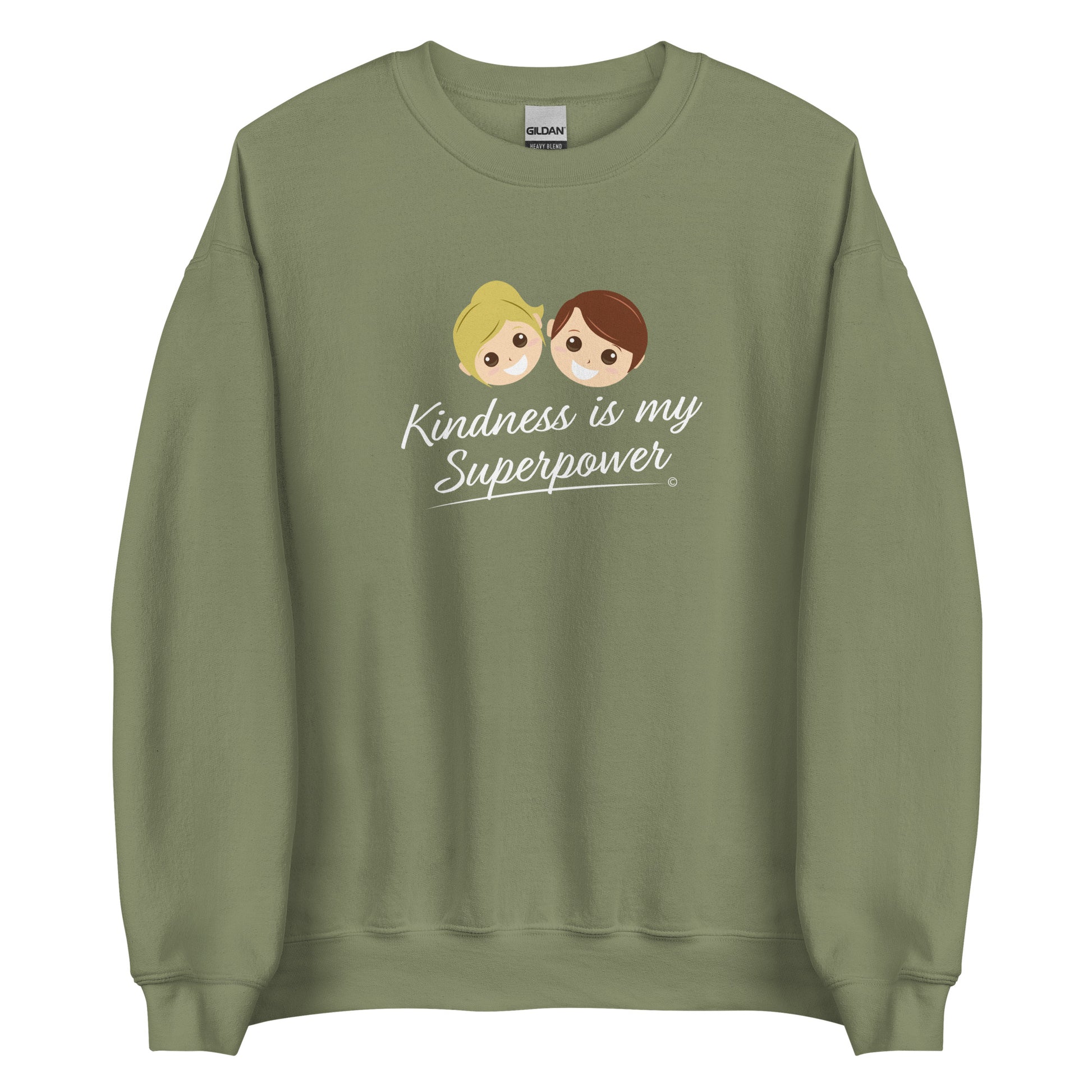A cozy unisex sweatshirt in military green featuring the uplifting quote 'Kindness is my Superpower' in bold lettering.