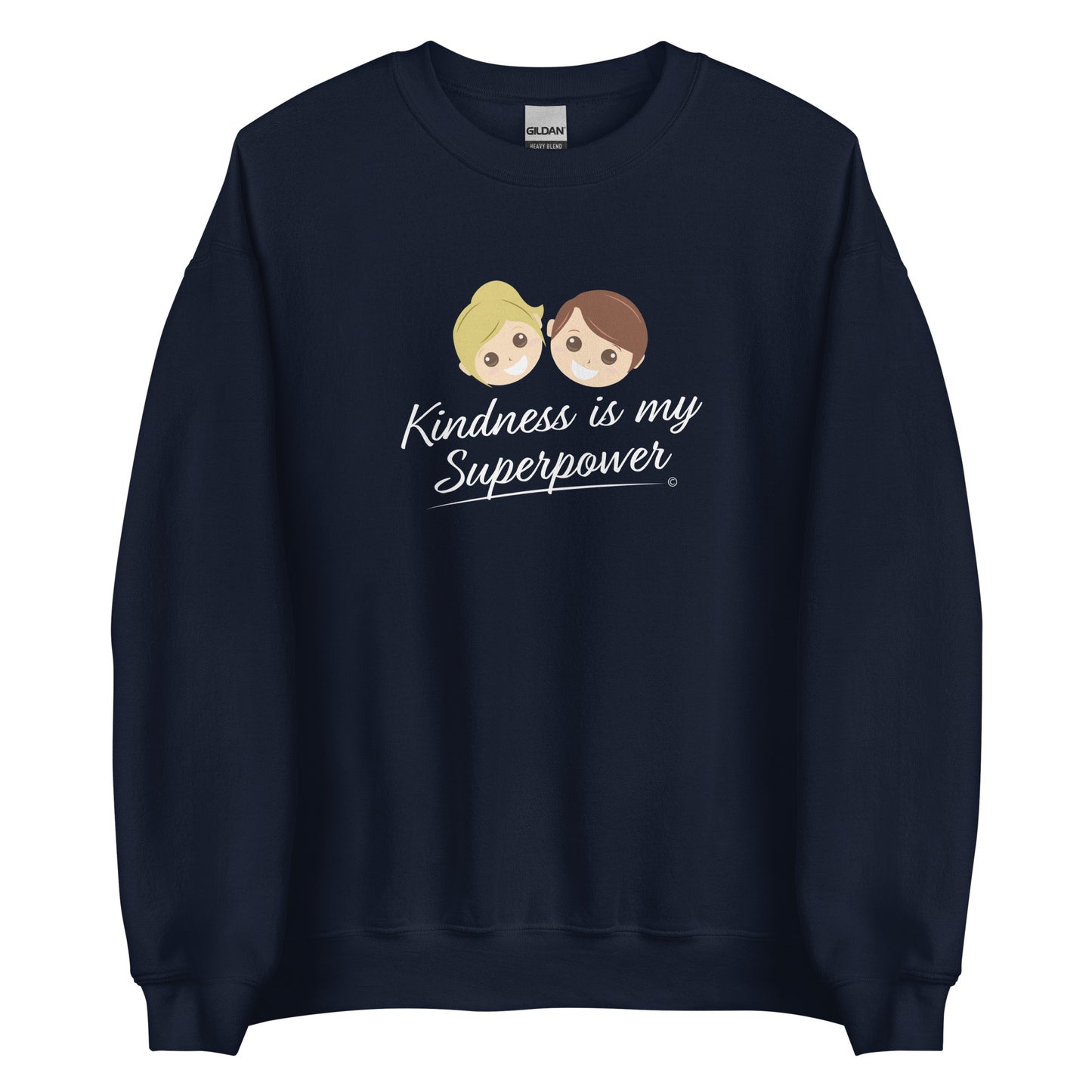 A cozy unisex sweatshirt in navy featuring the uplifting quote 'Kindness is my Superpower' in bold lettering.