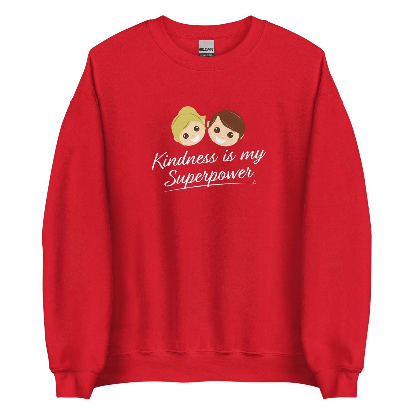 A cozy unisex sweatshirt in red featuring the uplifting quote 'Kindness is my Superpower' in bold lettering.