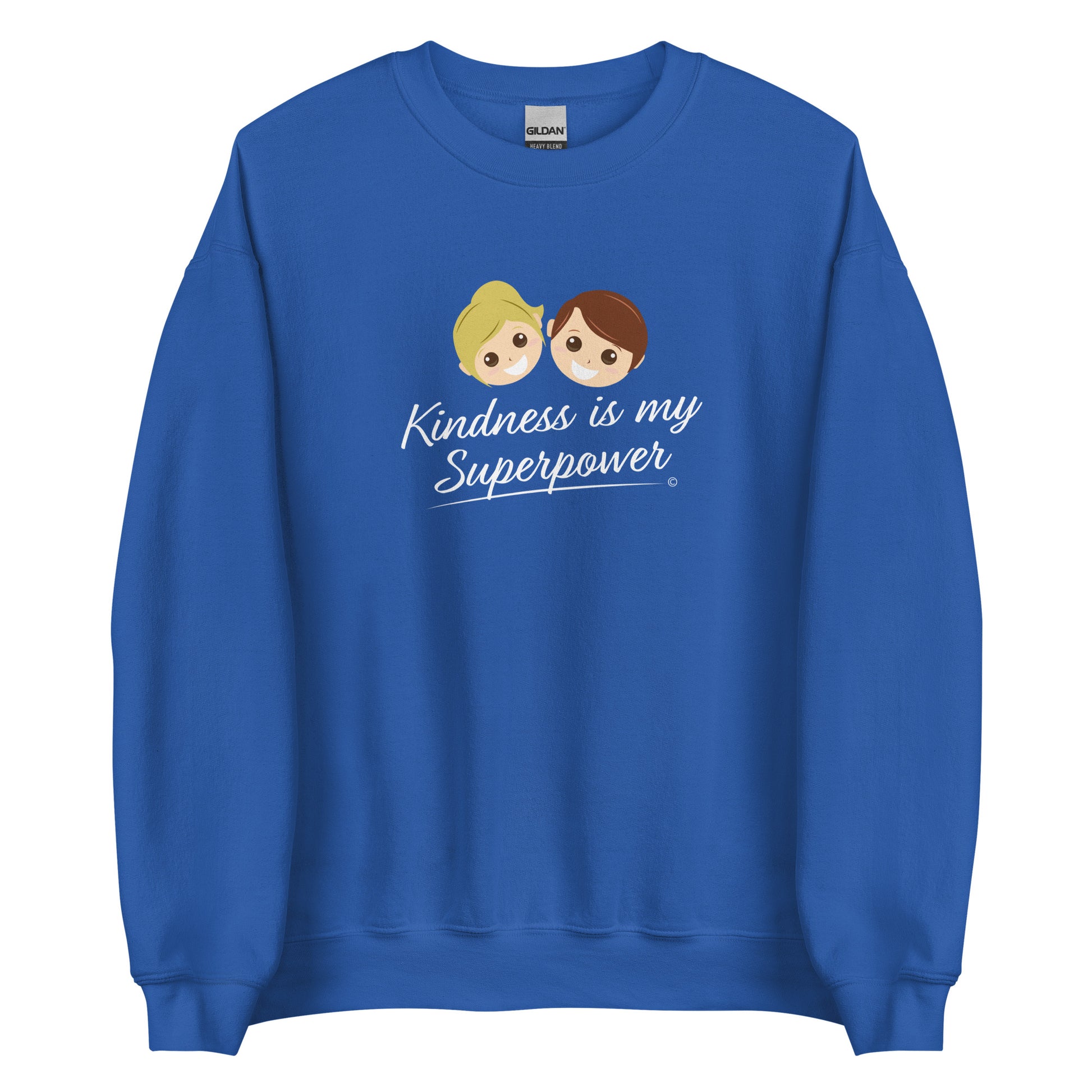 A cozy unisex sweatshirt in royal blue featuring the uplifting quote 'Kindness is my Superpower' in bold lettering.