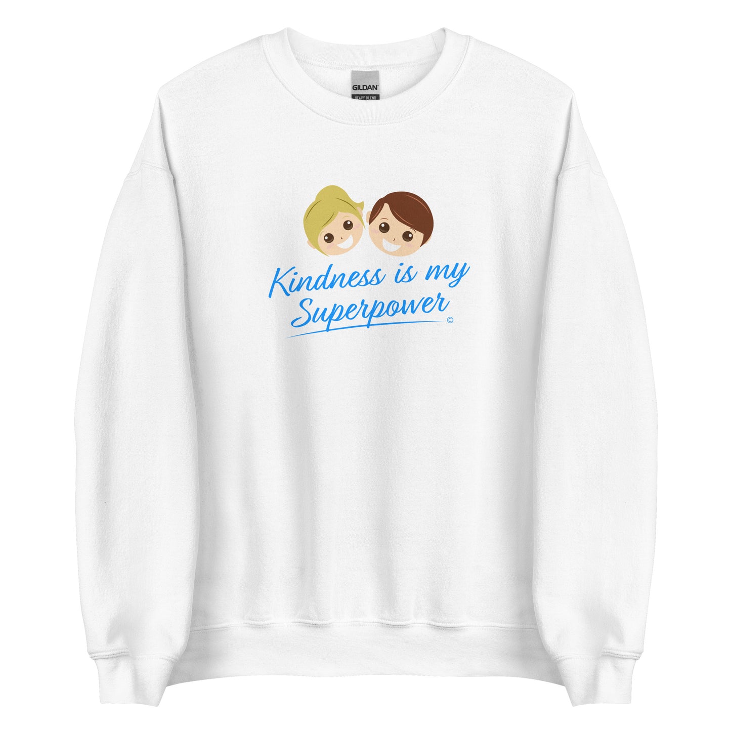 A cozy unisex sweatshirt in white featuring the uplifting quote 'Kindness is my Superpower' in bold lettering.