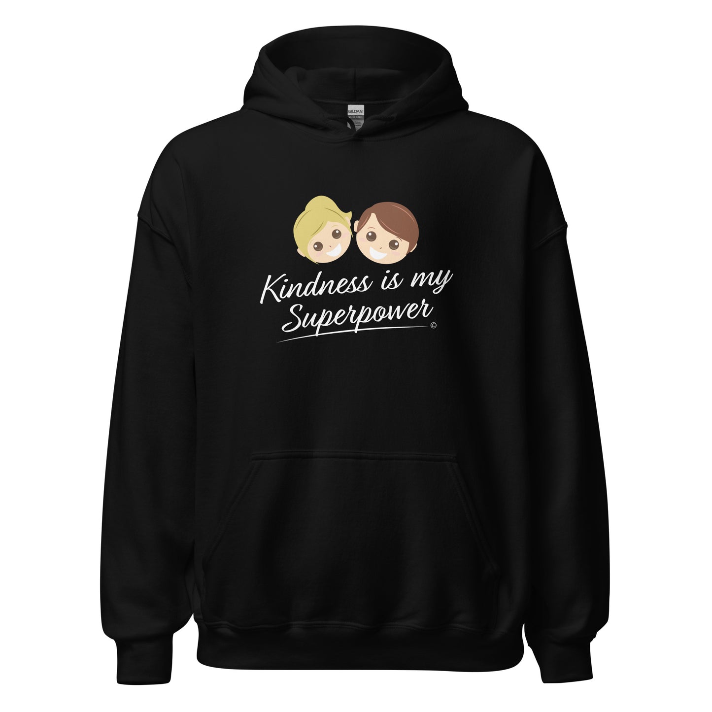 A cozy unisex hoodie in black featuring the uplifting quote 'Kindness is my Superpower' in bold lettering.