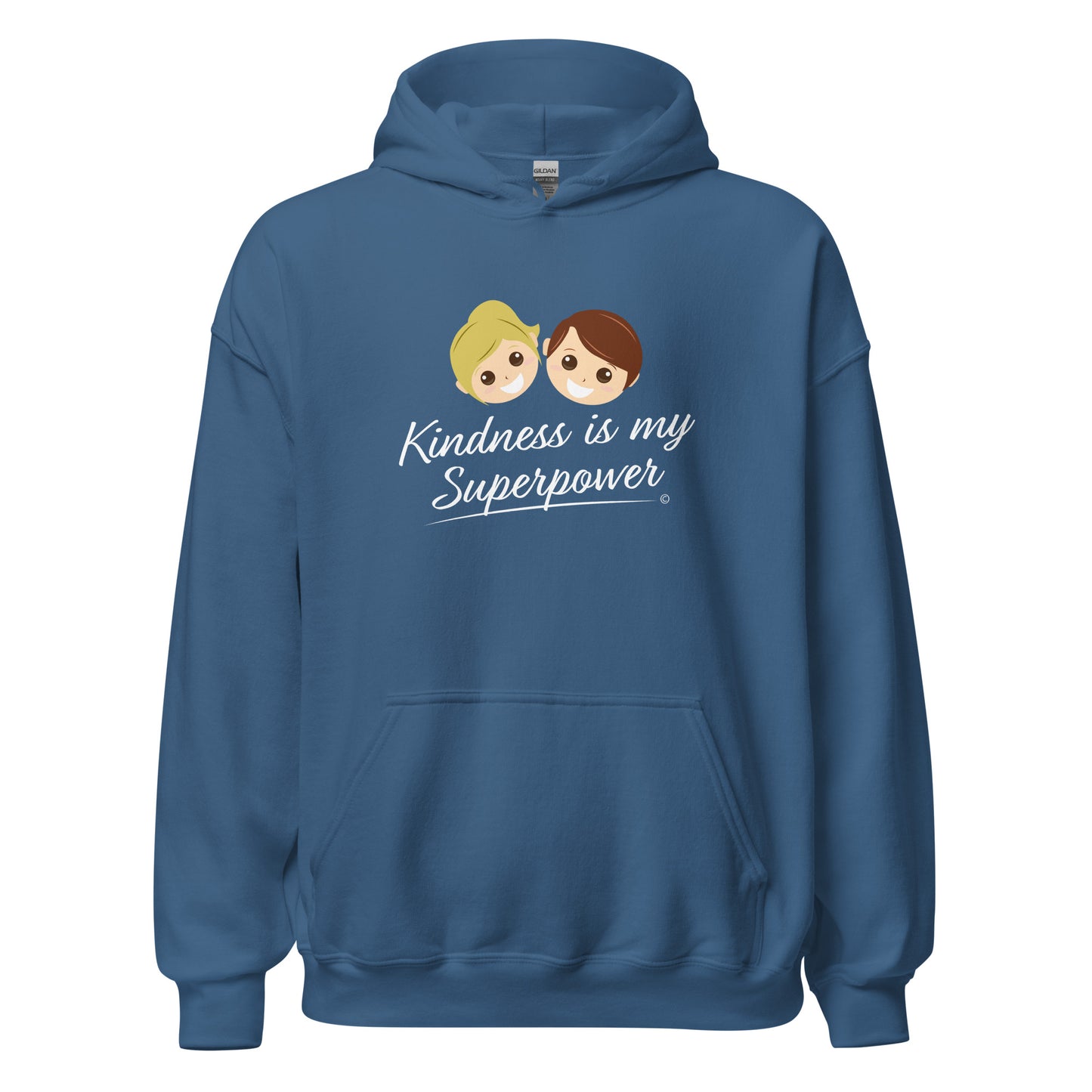 A cozy unisex hoodie in indigo blue featuring the uplifting quote 'Kindness is my Superpower' in bold lettering.