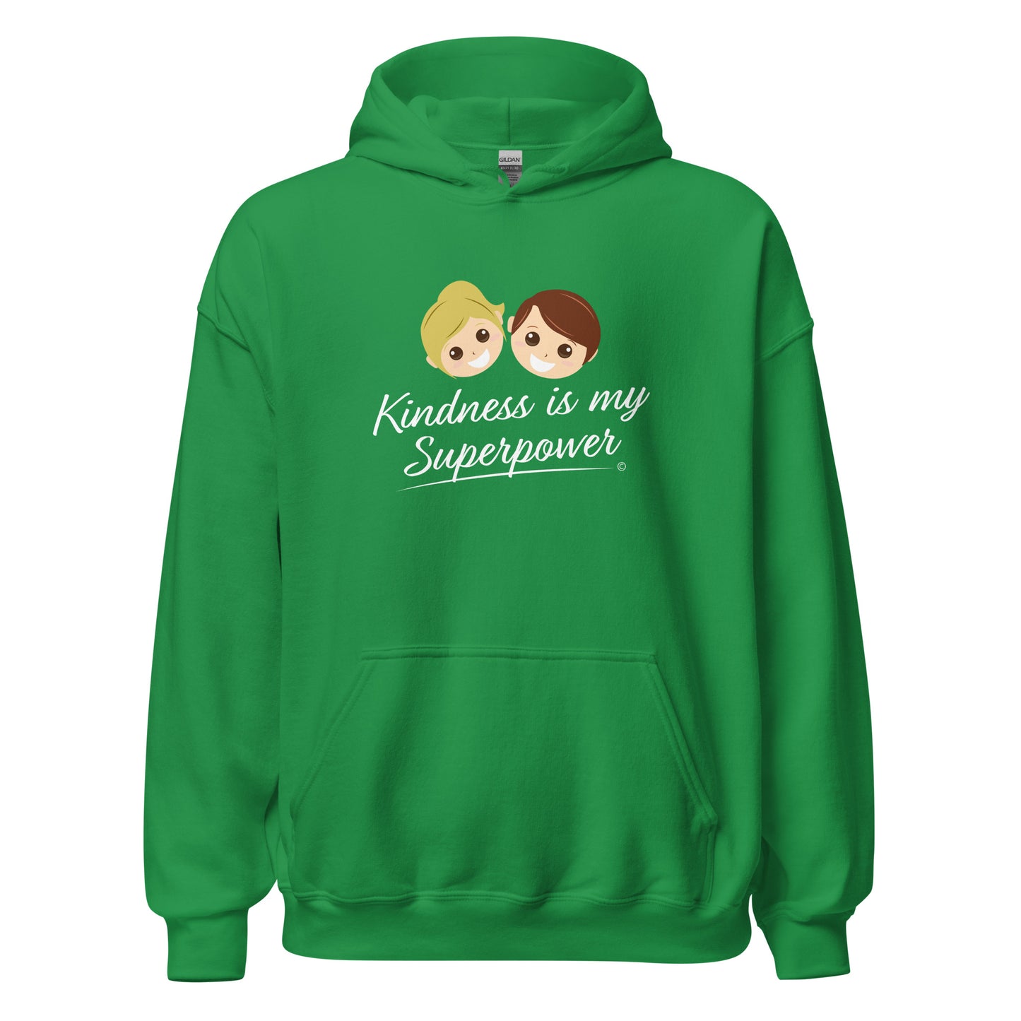 A cozy unisex hoodie in irish green featuring the uplifting quote 'Kindness is my Superpower' in bold lettering.