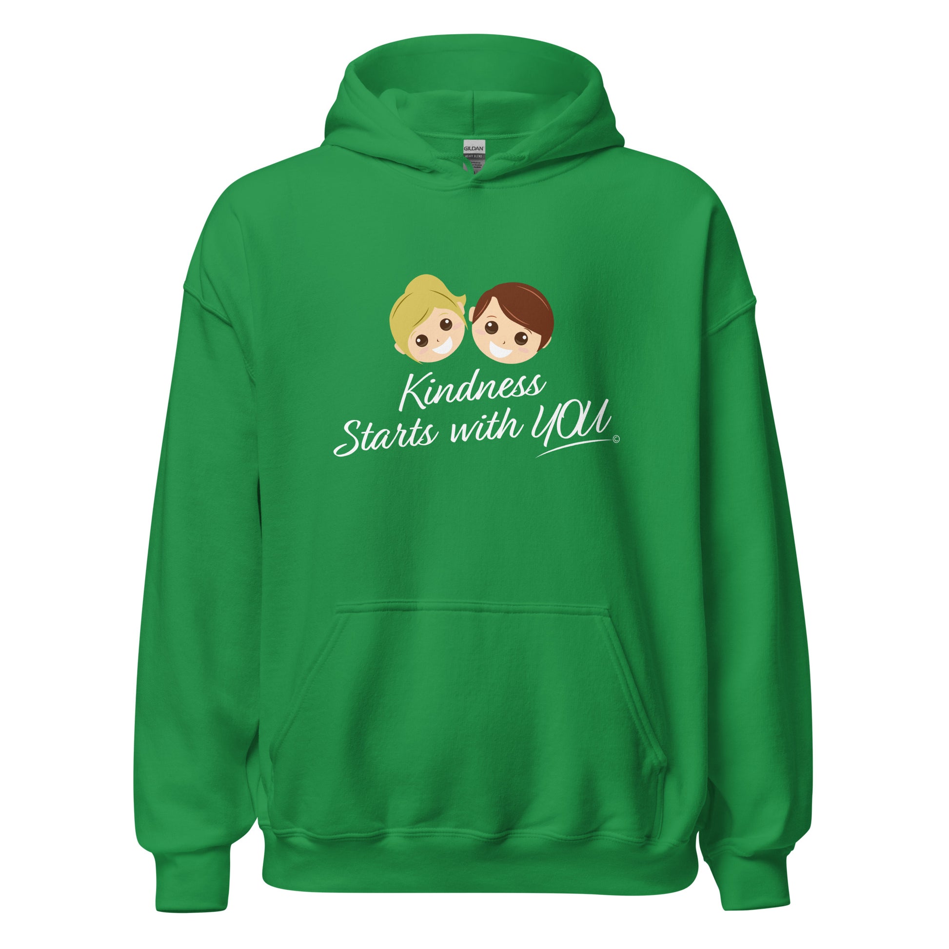 A cozy unisex hoodie in irish green, featuring the uplifting quote 'Kindness Starts with You' in bold lettering.