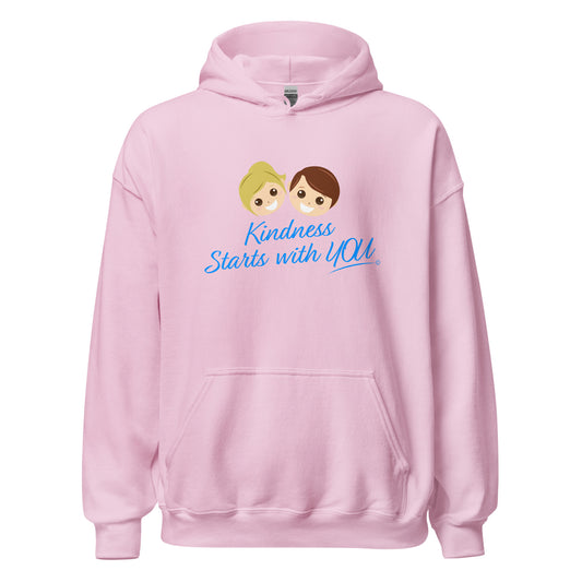 A cozy unisex hoodie in light pink, featuring the uplifting quote 'Kindness Starts with You' in bold lettering.