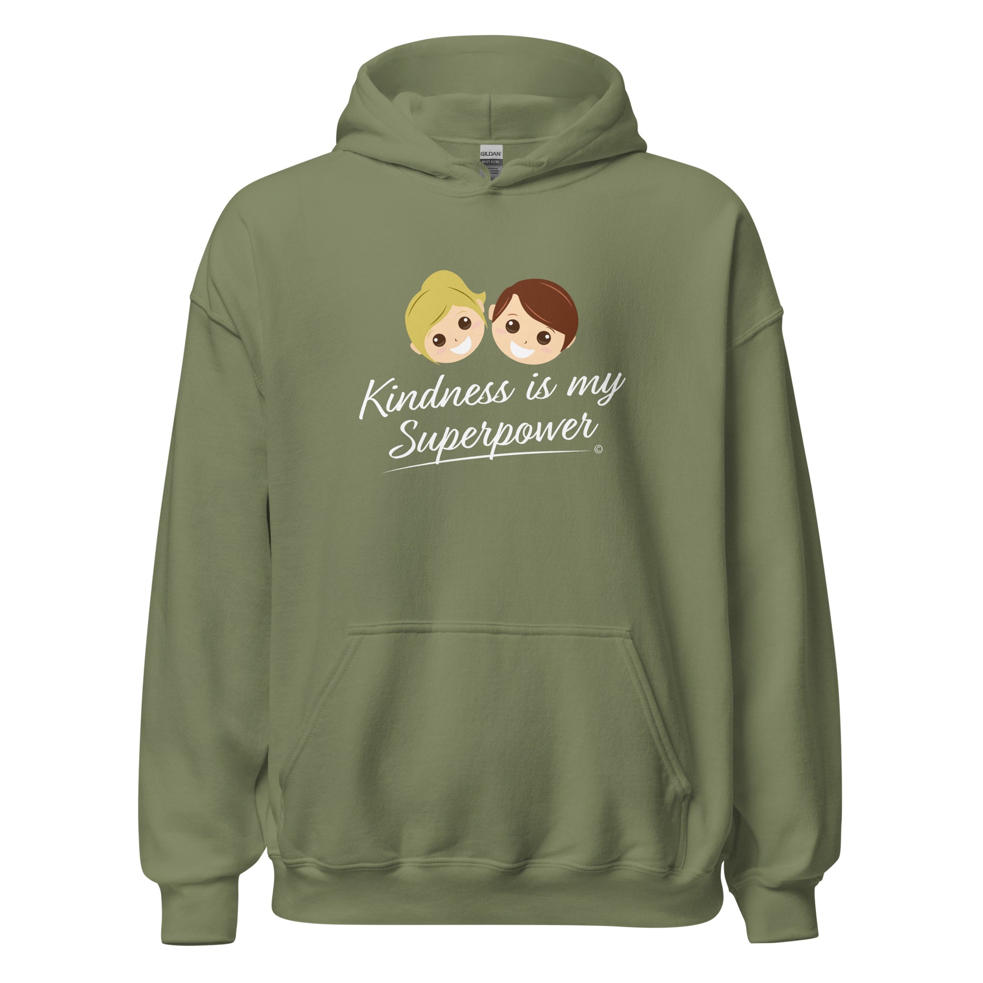 A cozy unisex hoodie in military green featuring the uplifting quote 'Kindness is my Superpower' in bold lettering.