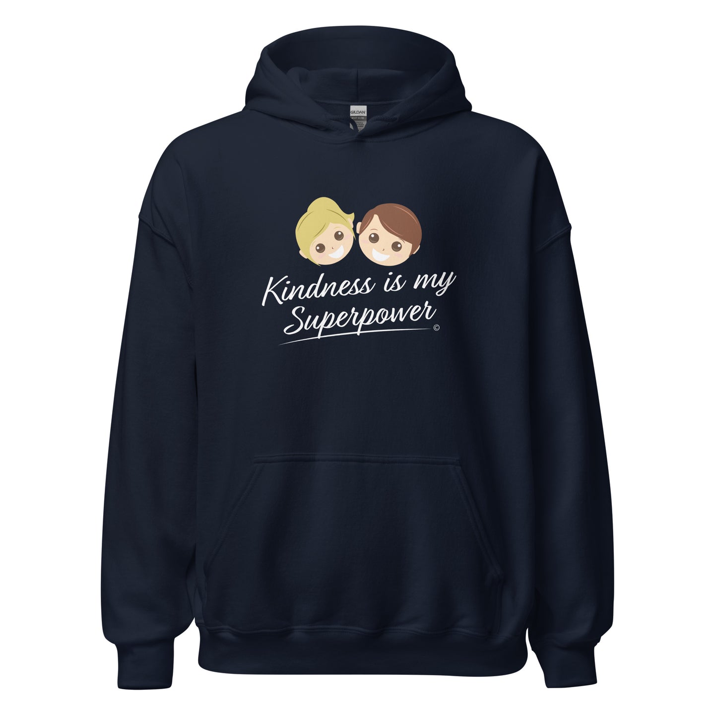 A cozy unisex hoodie in navy featuring the uplifting quote 'Kindness is my Superpower' in bold lettering.