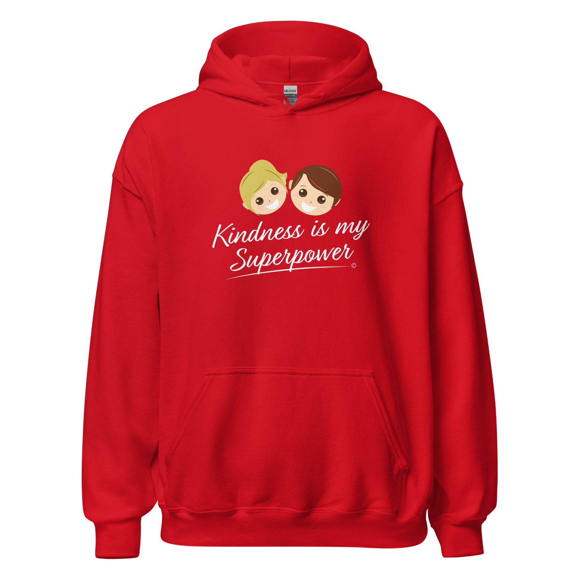 A cozy unisex hoodie in red featuring the uplifting quote 'Kindness is my Superpower' in bold lettering.