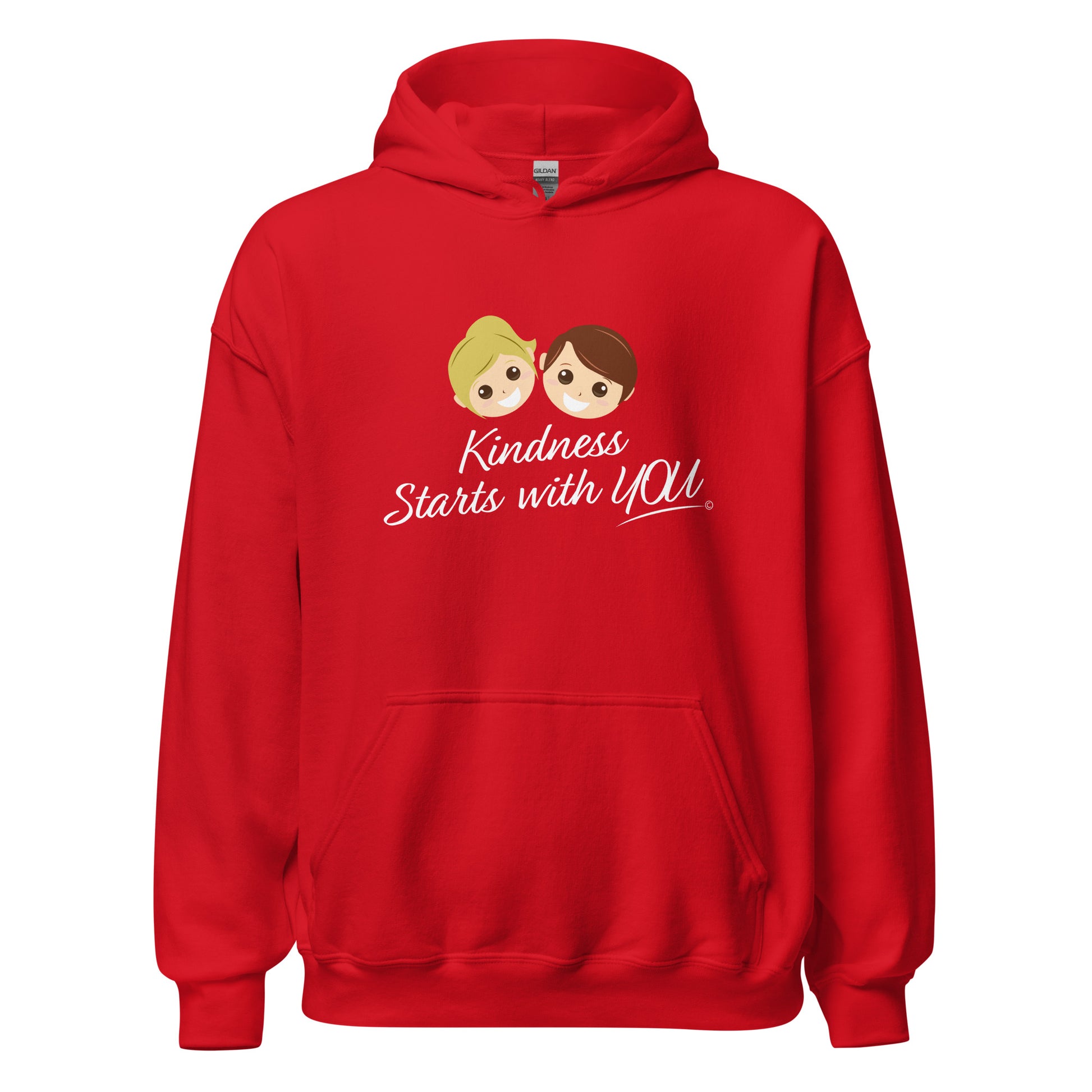 A cozy unisex hoodie in red, featuring the uplifting quote 'Kindness Starts with You' in bold lettering.