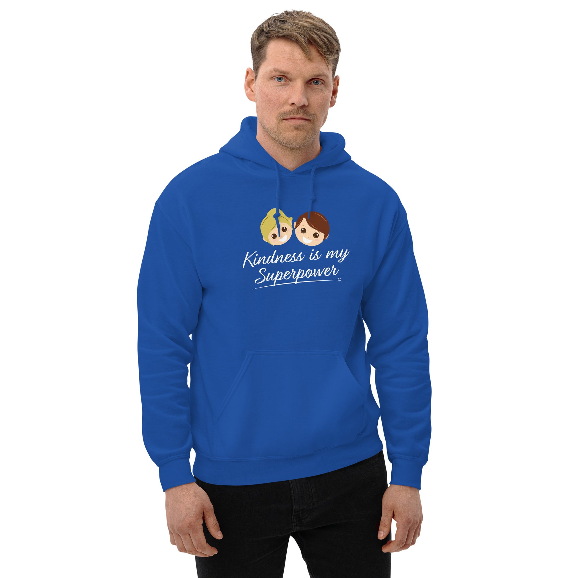 A confident man showcasing a comfortable unisex hoodie in royal blue, featuring the uplifting quote 'Kindness is my Superpower' in bold lettering.