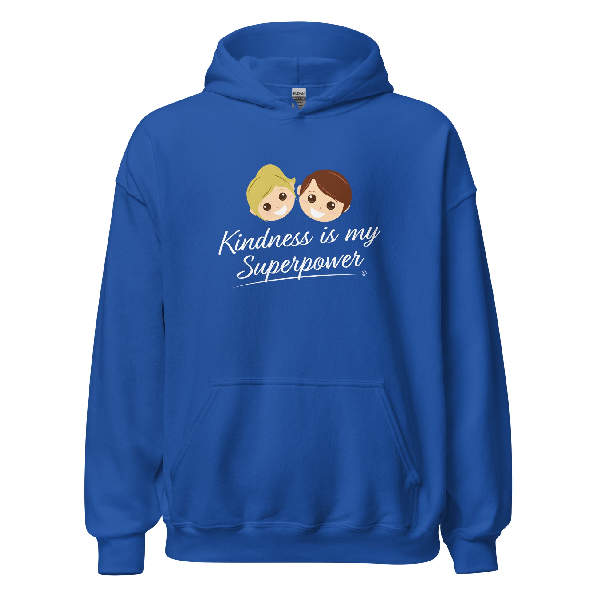 A cozy unisex hoodie in royal blue featuring the uplifting quote 'Kindness is my Superpower' in bold lettering.