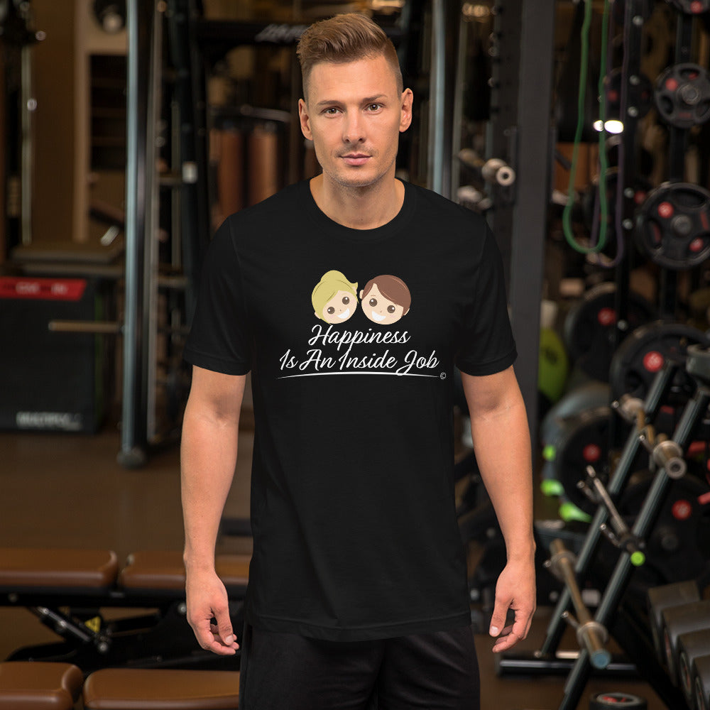 Short-sleeve shirt for adults -handsome model wearing Happiness Is an Inside Job unisex shirt