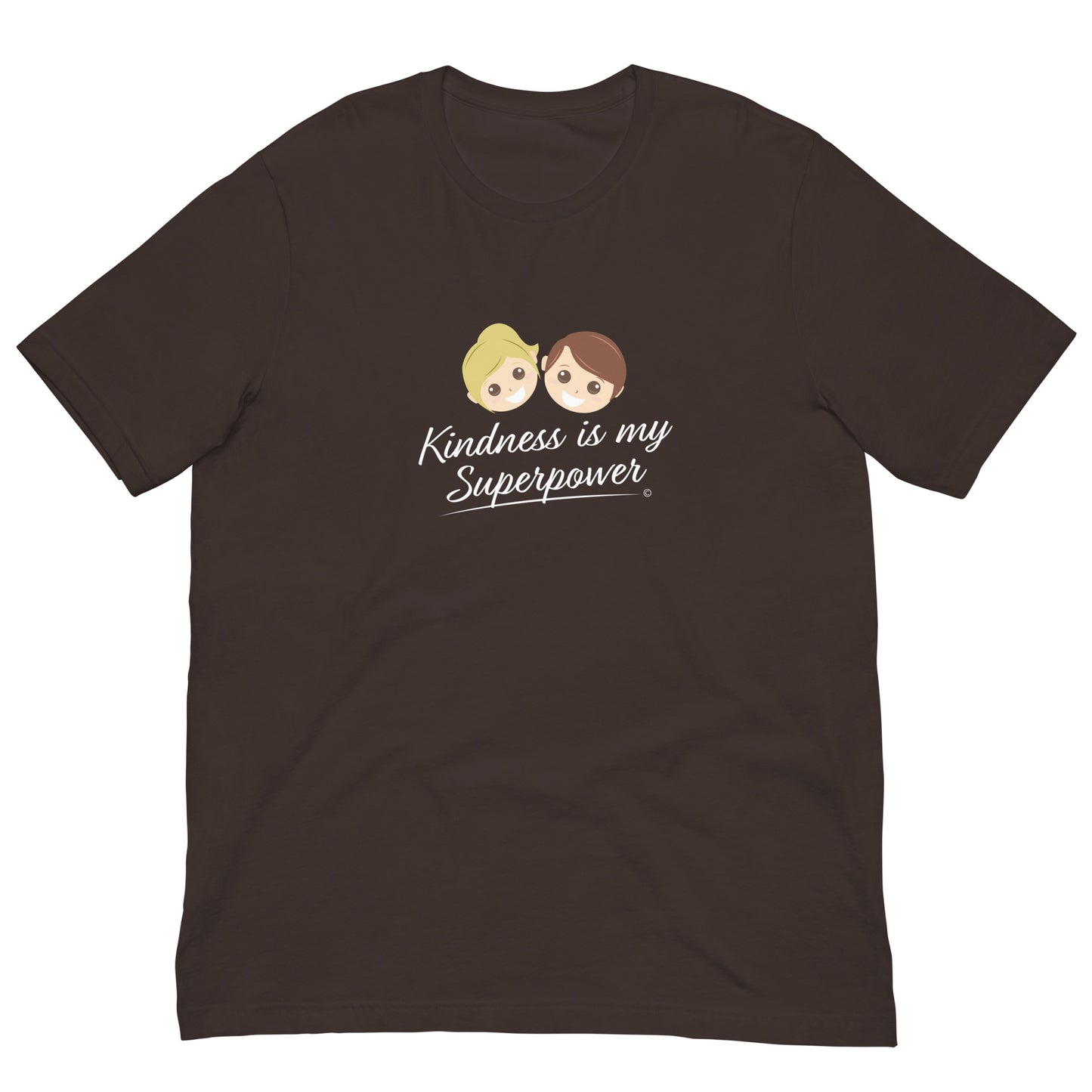 Brown shirt featuring the empowering quote 'Kindness is my Superpower' in bold lettering.