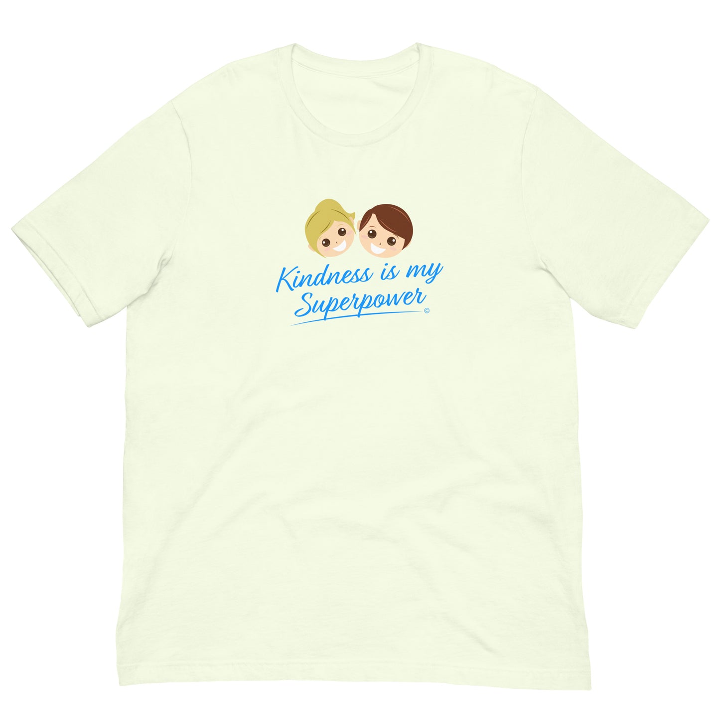 Citron color shirt featuring the empowering quote 'Kindness is my Superpower' in bold lettering.