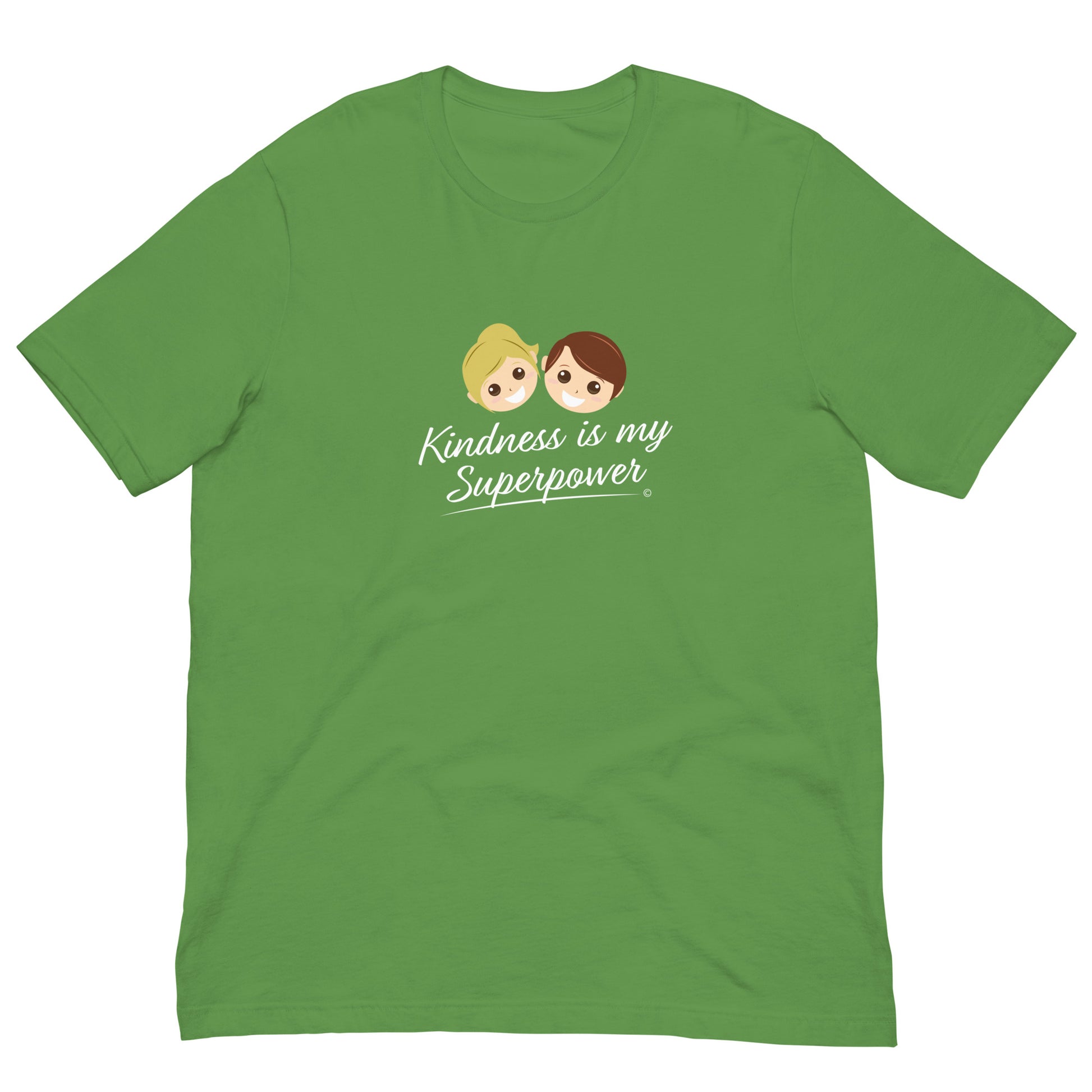 Leaf green shirt featuring the empowering quote 'Kindness is my Superpower' in bold lettering.