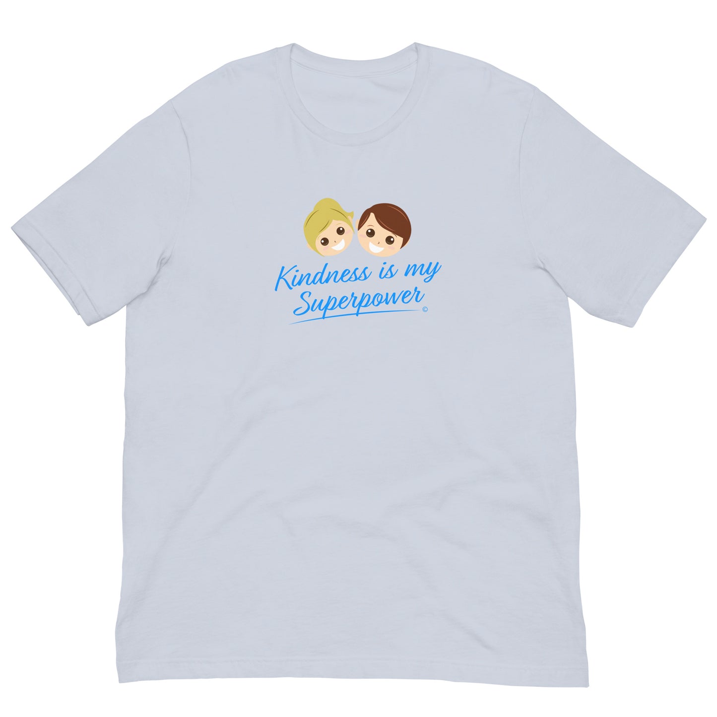 Lilac blue shirt featuring the empowering quote 'Kindness is my Superpower' in bold lettering.