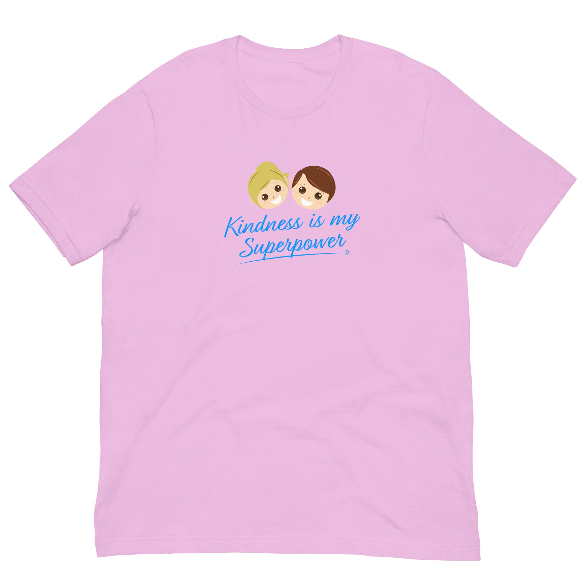 Lilac shirt featuring the empowering quote 'Kindness is my Superpower' in bold lettering.