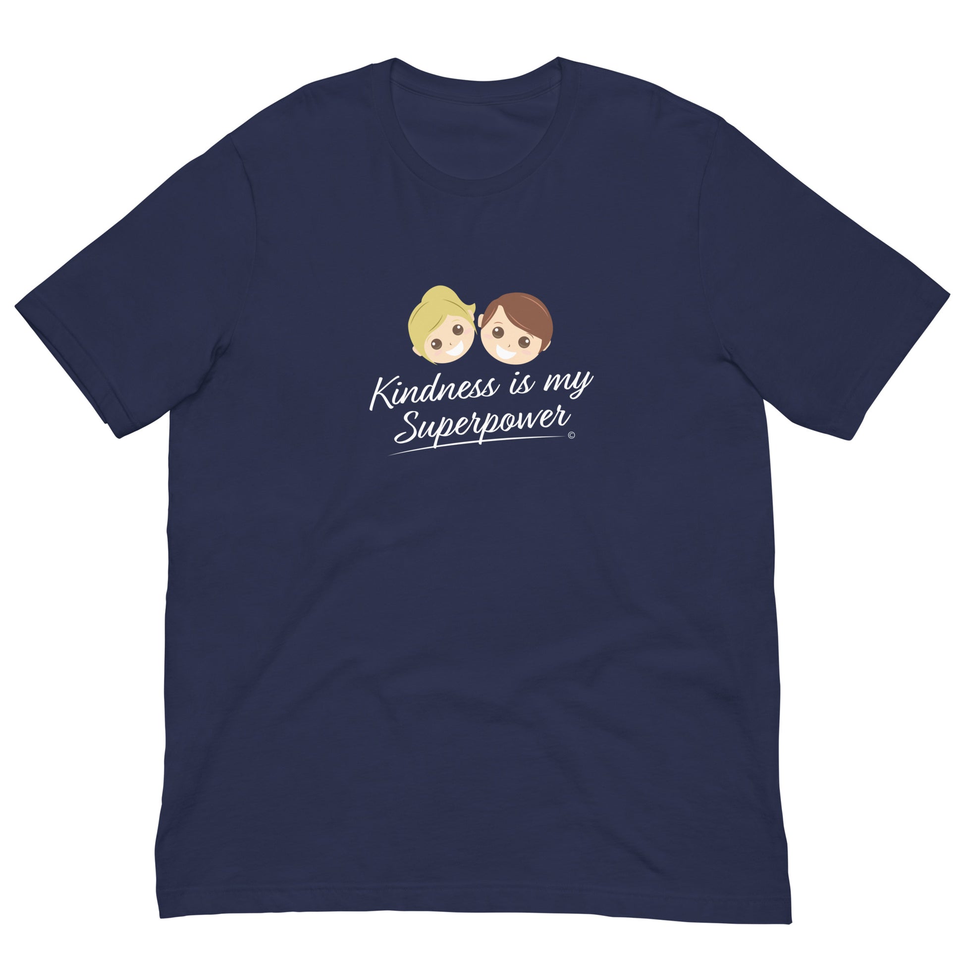 Navy shirt featuring the empowering quote 'Kindness is my Superpower' in bold lettering.