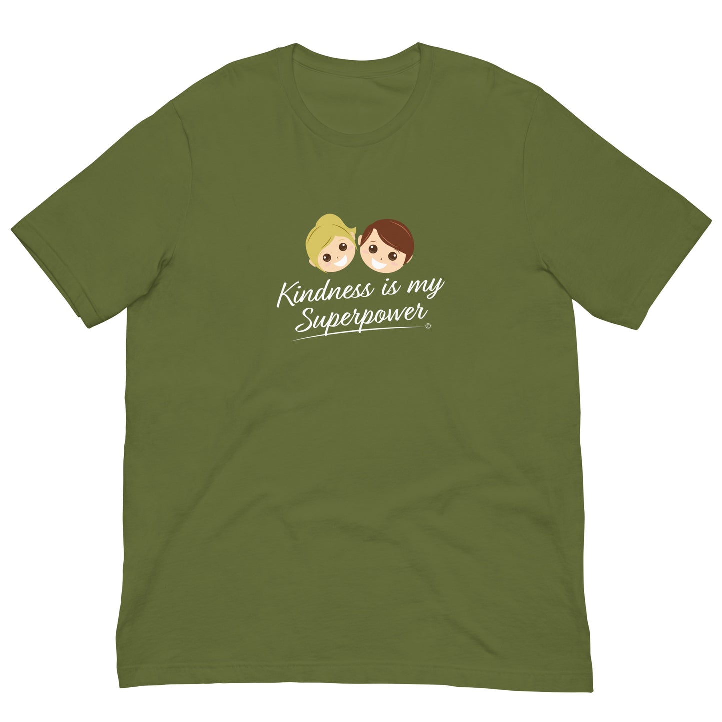 Olive green shirt featuring the empowering quote 'Kindness is my Superpower' in bold lettering.