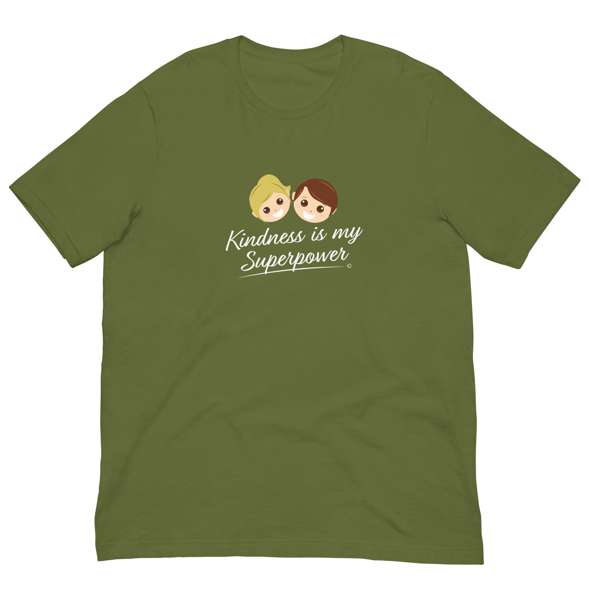 Olive green shirt featuring the empowering quote 'Kindness is my Superpower' in bold lettering.