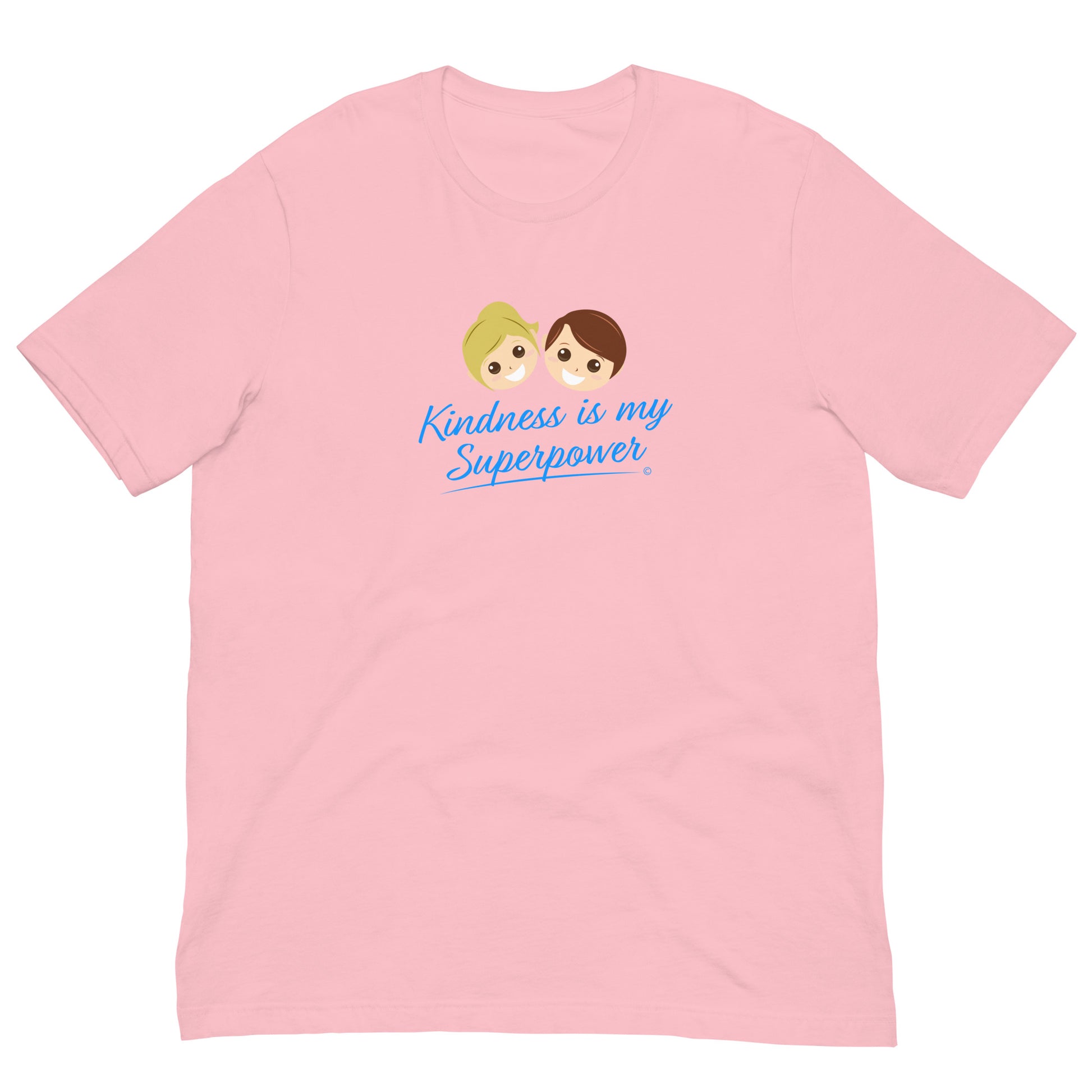 Pink shirt featuring the empowering quote 'Kindness is my Superpower' in bold lettering.