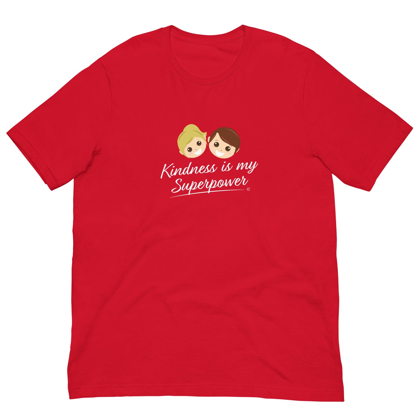 Red shirt featuring the empowering quote 'Kindness is my Superpower' in bold lettering.