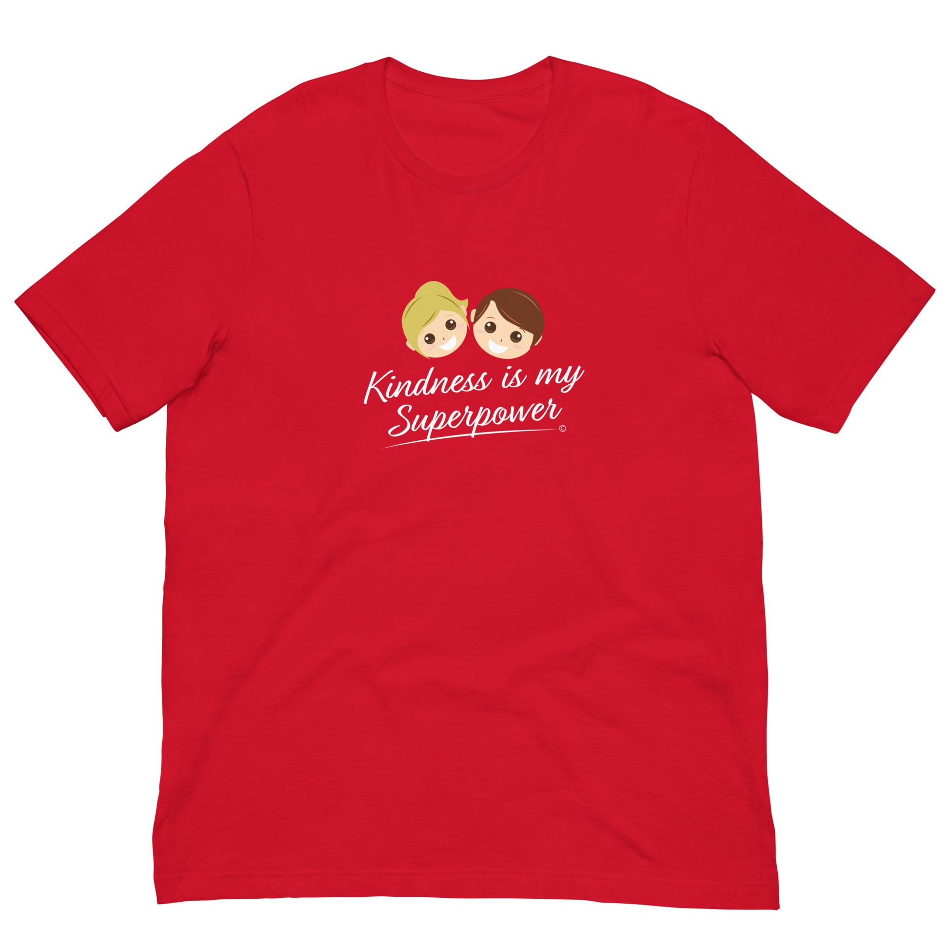 Red shirt featuring the empowering quote 'Kindness is my Superpower' in bold lettering.