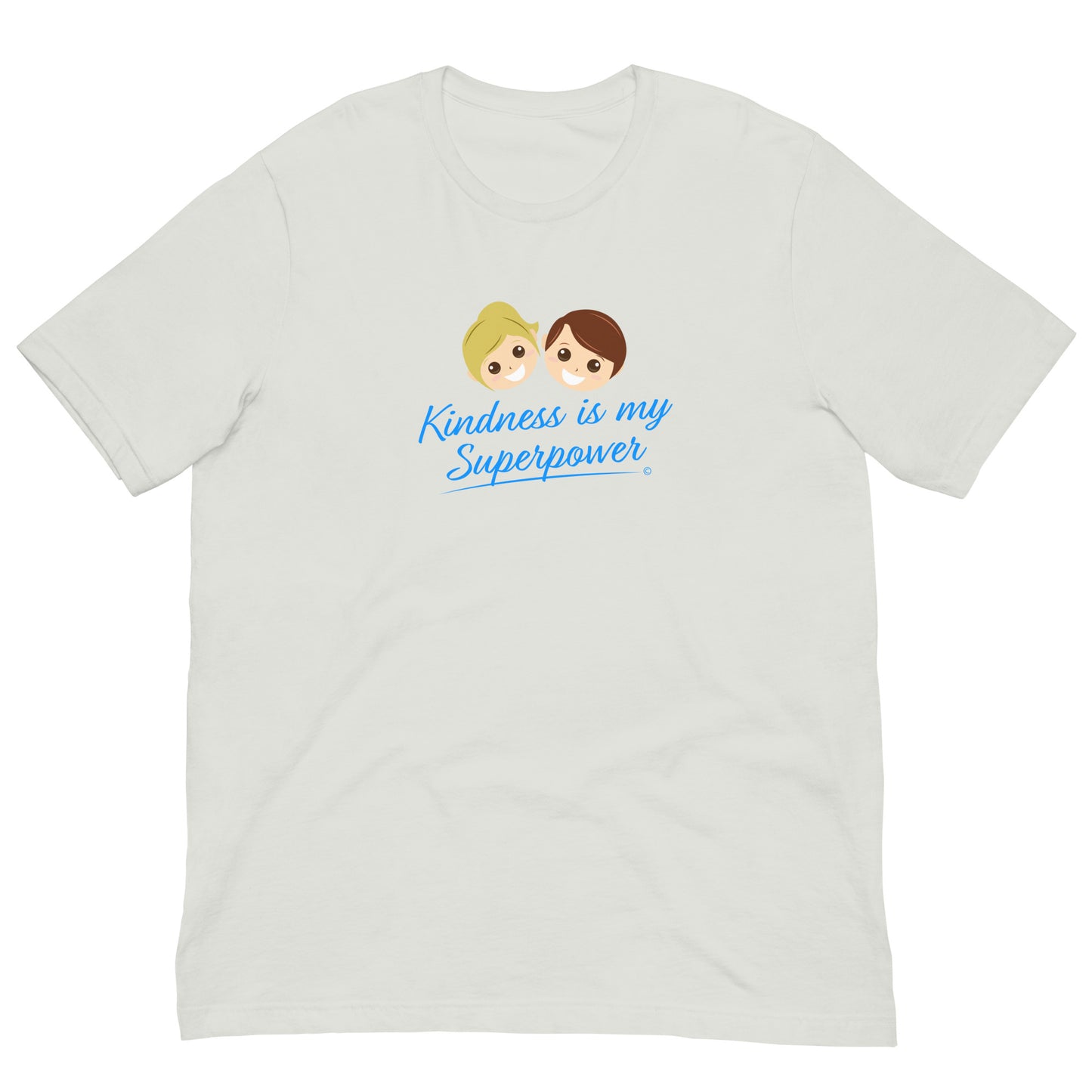 Silver shirt featuring the empowering quote 'Kindness is my Superpower' in bold lettering.