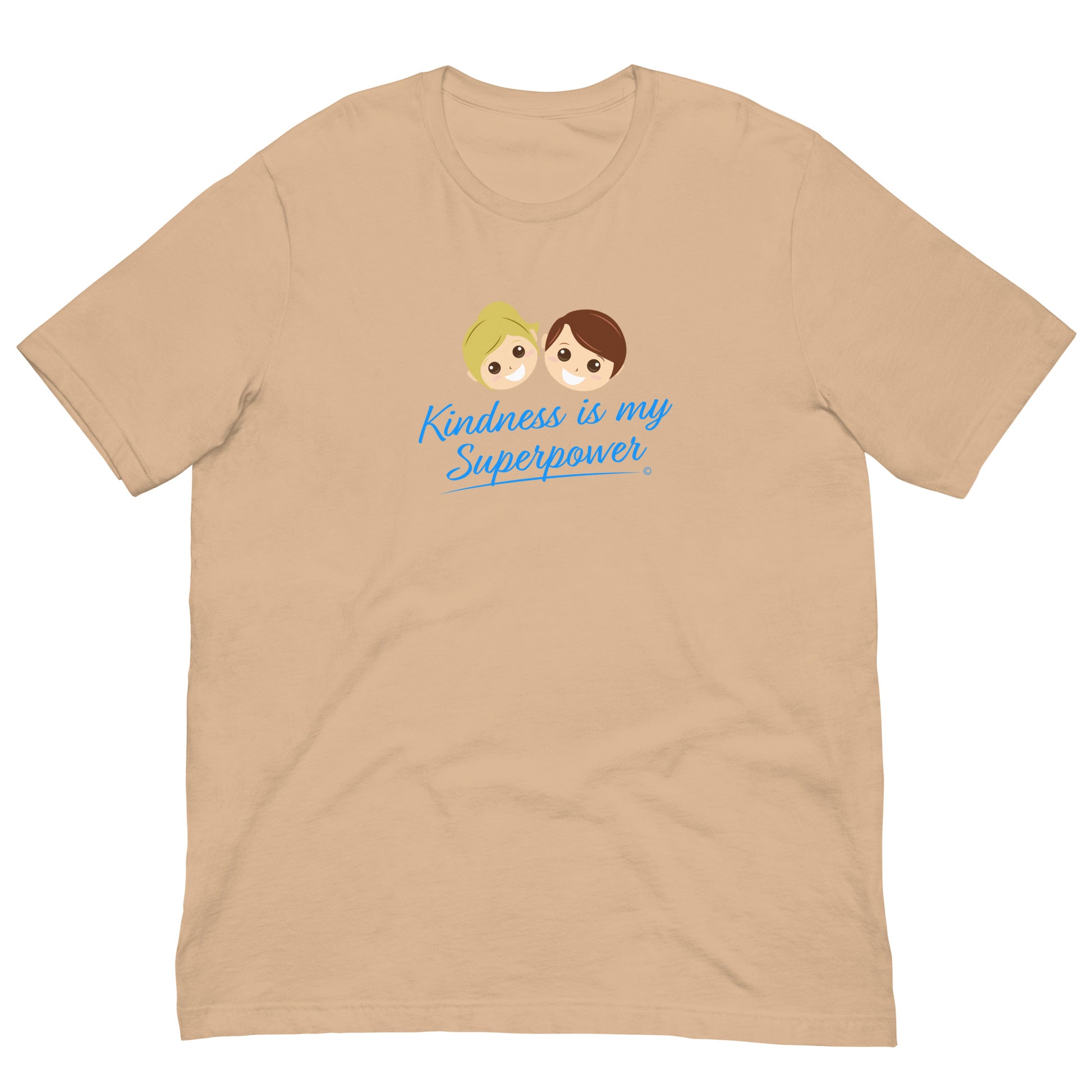 Tan shirt featuring the empowering quote 'Kindness is my Superpower' in bold lettering.