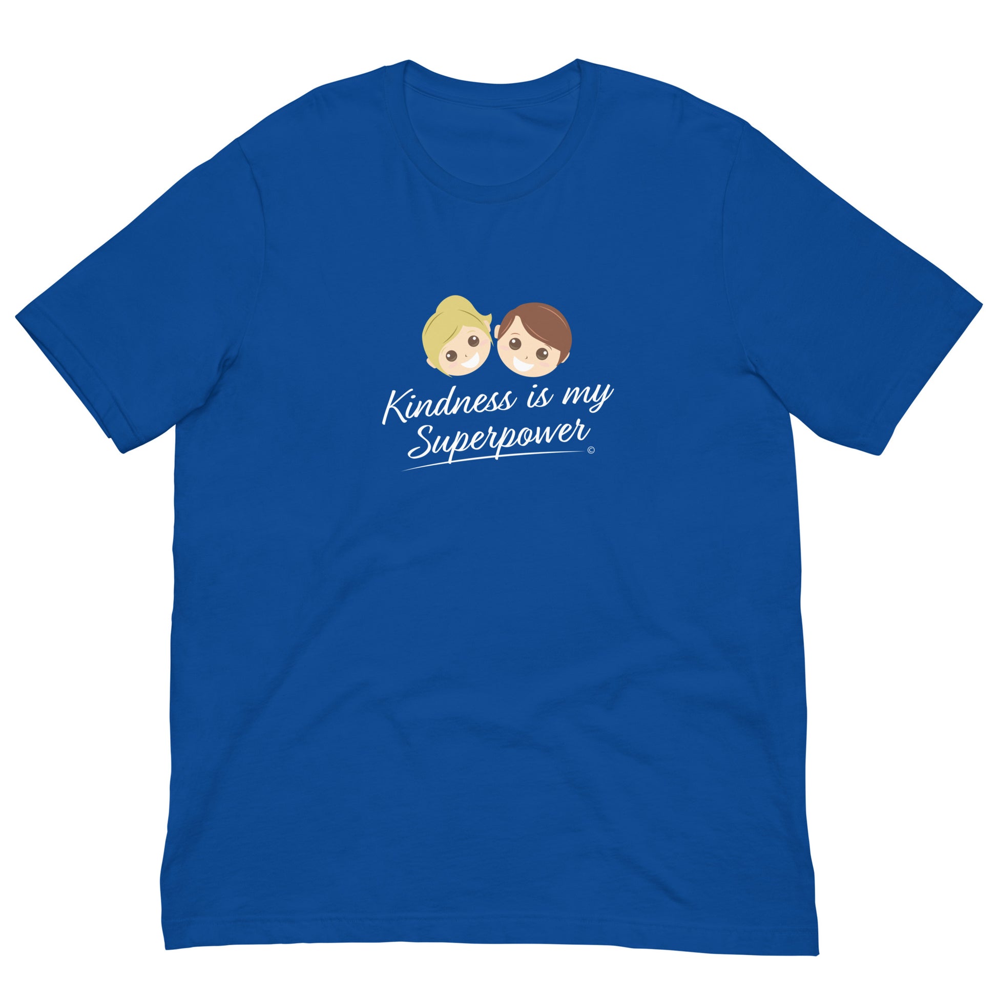 Royal blue shirt featuring the empowering quote 'Kindness is my Superpower' in bold lettering.