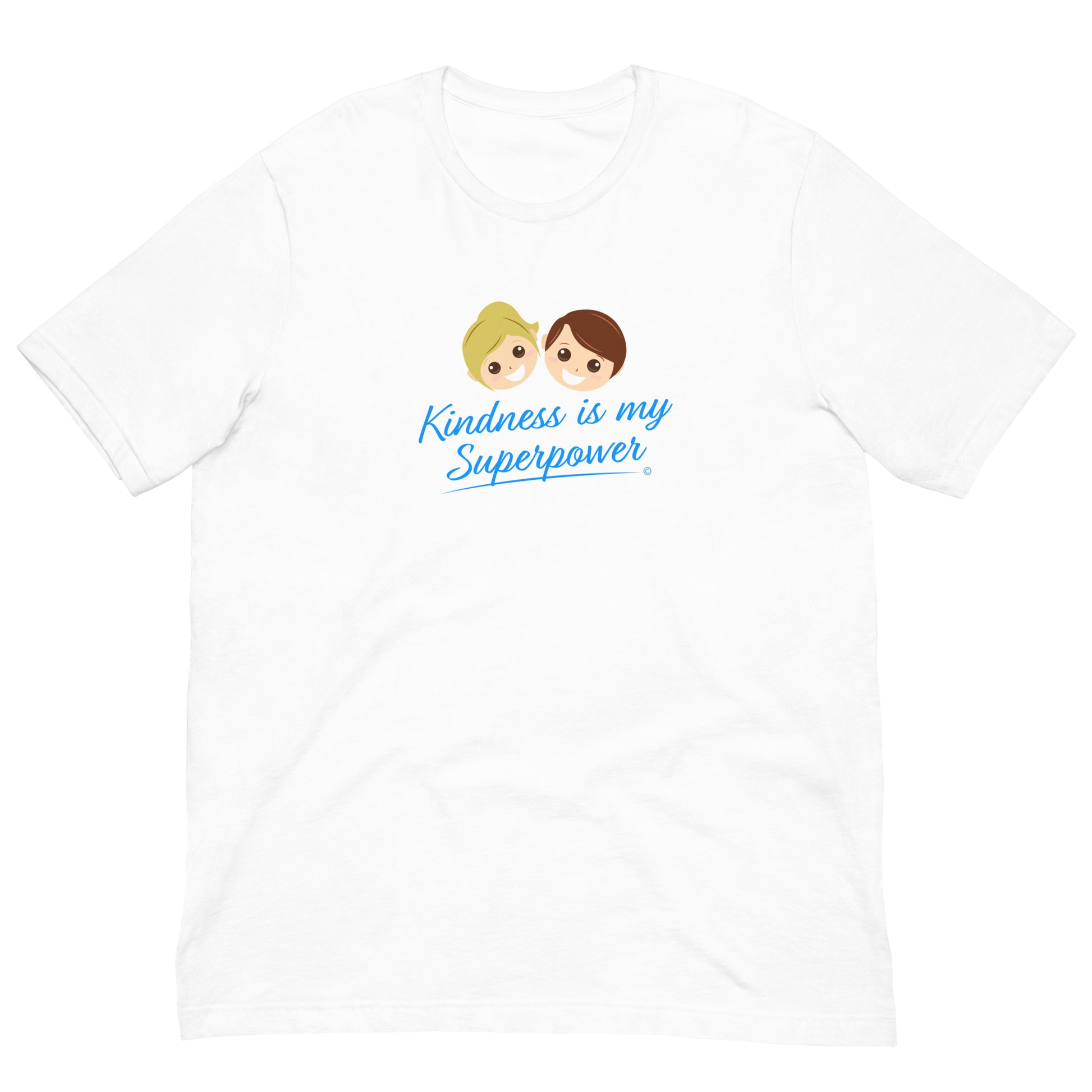 White shirt featuring the empowering quote 'Kindness is my Superpower' in bold lettering.