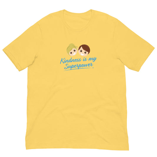 Yellow shirt featuring the empowering quote 'Kindness is my Superpower' in bold lettering.