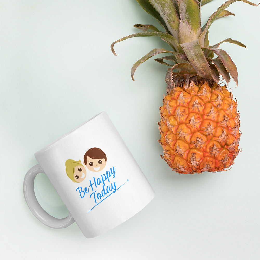 Glossy finish white coffee cups with pineapple in the background
